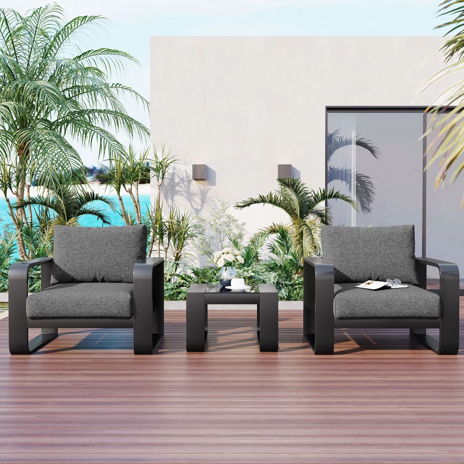 Soges 3-pieces Patio Furniture with Cushion and Coffee Table, 2 Seater Chair Set All Weather Use Olefin fabric Outdoor Chair Aluminum Frame, Gray & Black
