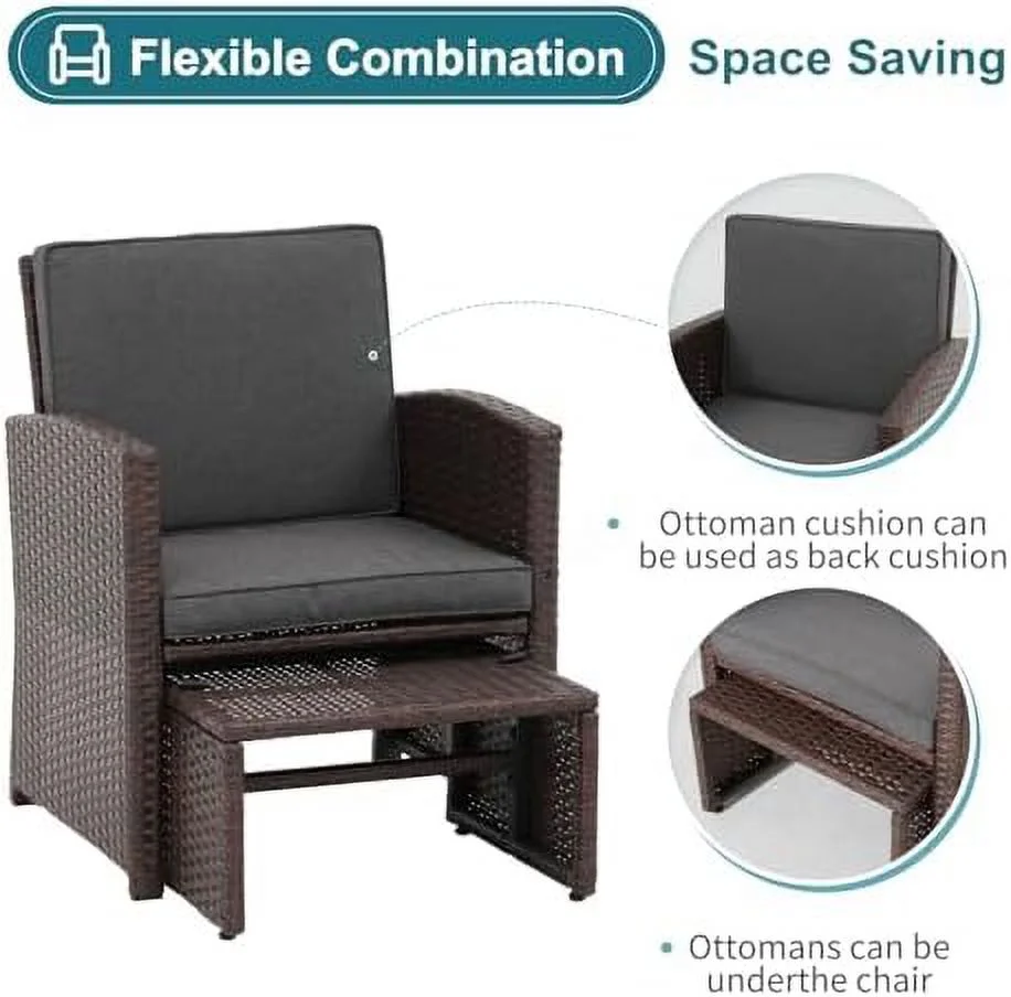 LNSETGC 6 Piece Patio Wicker  Set  Balcony All Weather Rattan Chair  with Space Saving Ottoman  Resin Nesting Coffee Table  Modern Design  Dark Grey