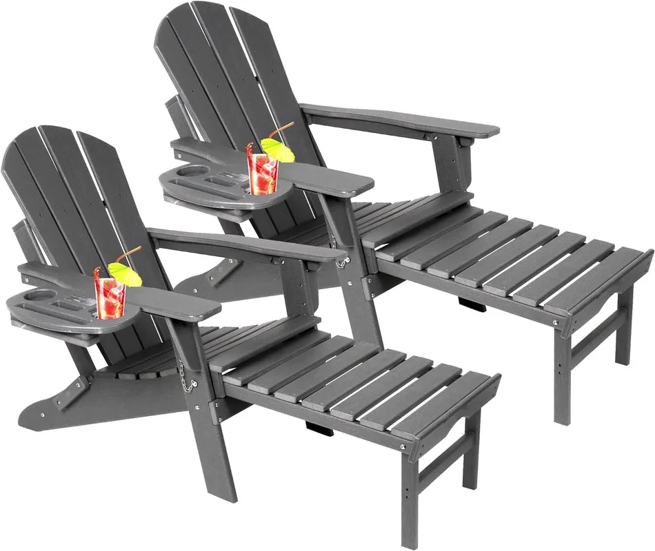 2PCS Folding Adirondack Chair with Retractable Ottoman, HDPE All-Weather Resistant Adjustable Backrest Adirondack Chair w/4 in 1 Cup Holder Trays, Wood Texture Grey