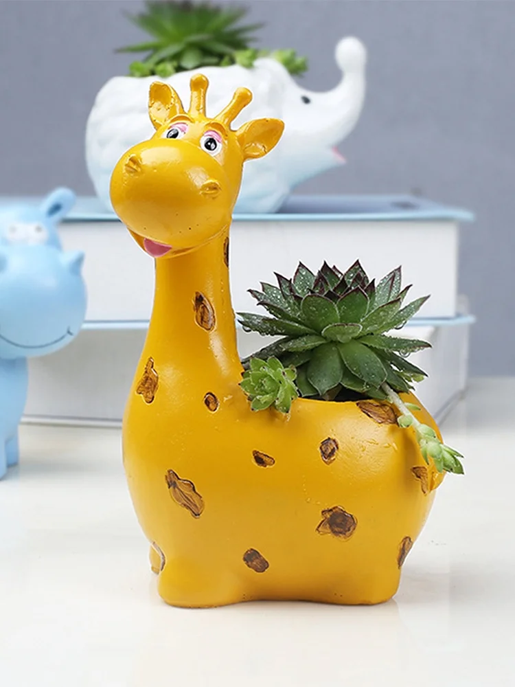 Cute Cartoon Animal Giraffe Hippo Resin Flower Pot Garden Creative Tabletop Potted Small Flower Pot Home Garden Decroation