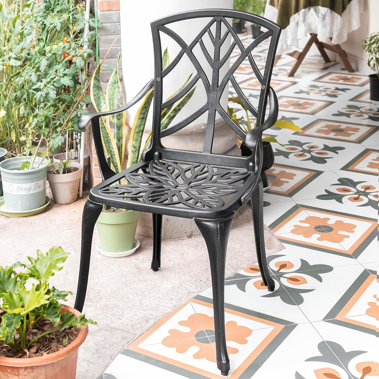 Patio Chairs Set of 2 Outdoor Dining Chairs, Cast Aluminum Stackable Patio Dining Chairs with Armrest for , Balcony, Backyard, Support 300 lbs, Black with Gold-Painted Edge