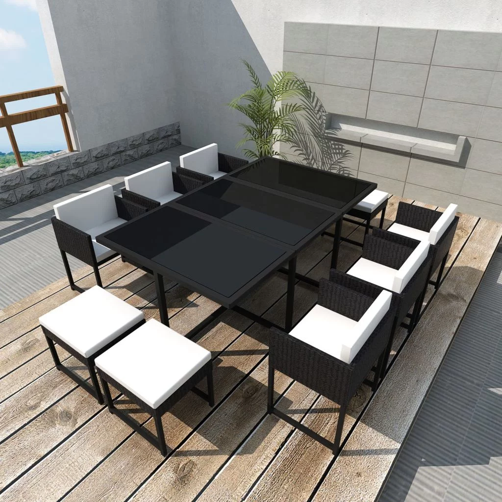 Andoer 11 Piece  Dining Set with Cushions Poly Rattan Black