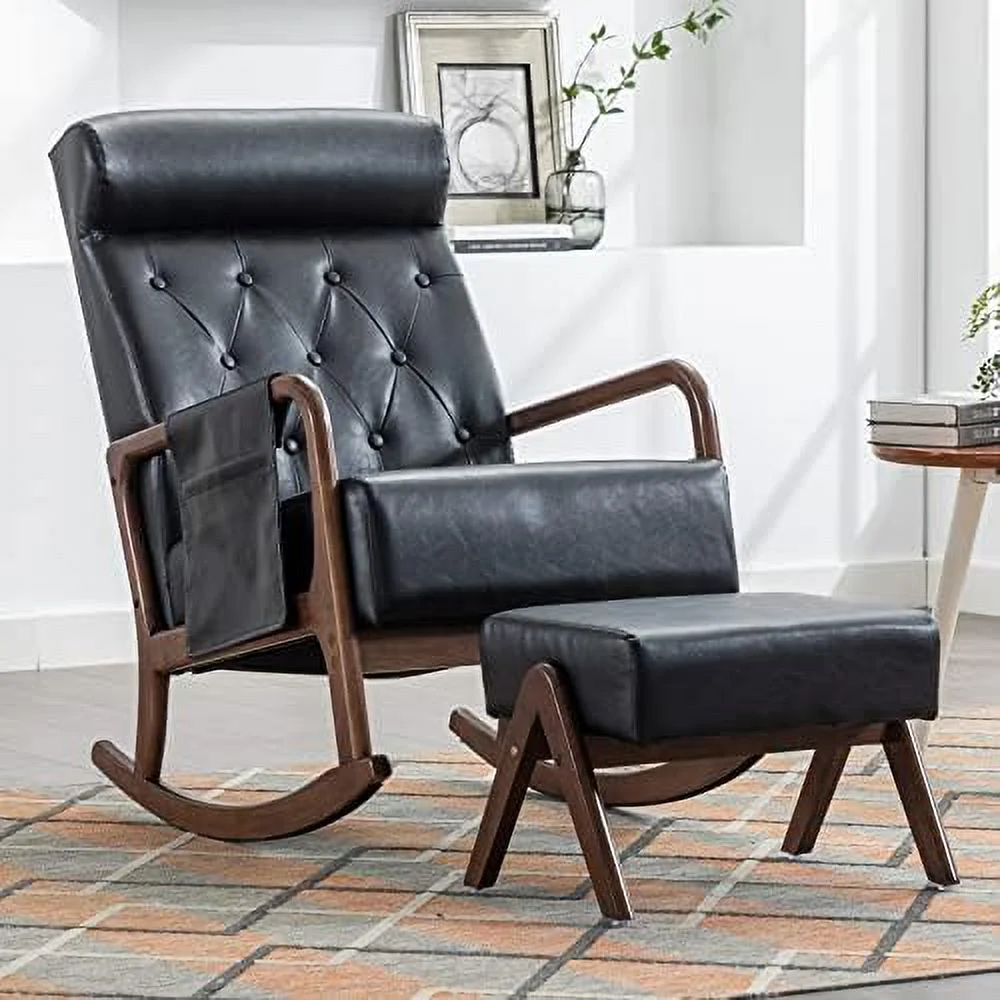 ASDRFYU Nursery Rocking Chairs with Ottoman  Upholstered Glider Chair with Rubber Wood Legs and Side Pocket  Mid-Century Rocking Accent Chair for Living Room Bedroom (Black PU)