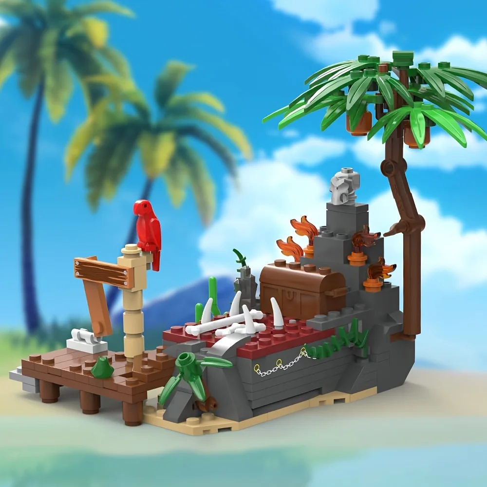 Pirate Ship Building Brick Toy Set - 497pcs, Shoal Island, Pirate Repair Port, with Sharks, Crow, Sunken Treasure