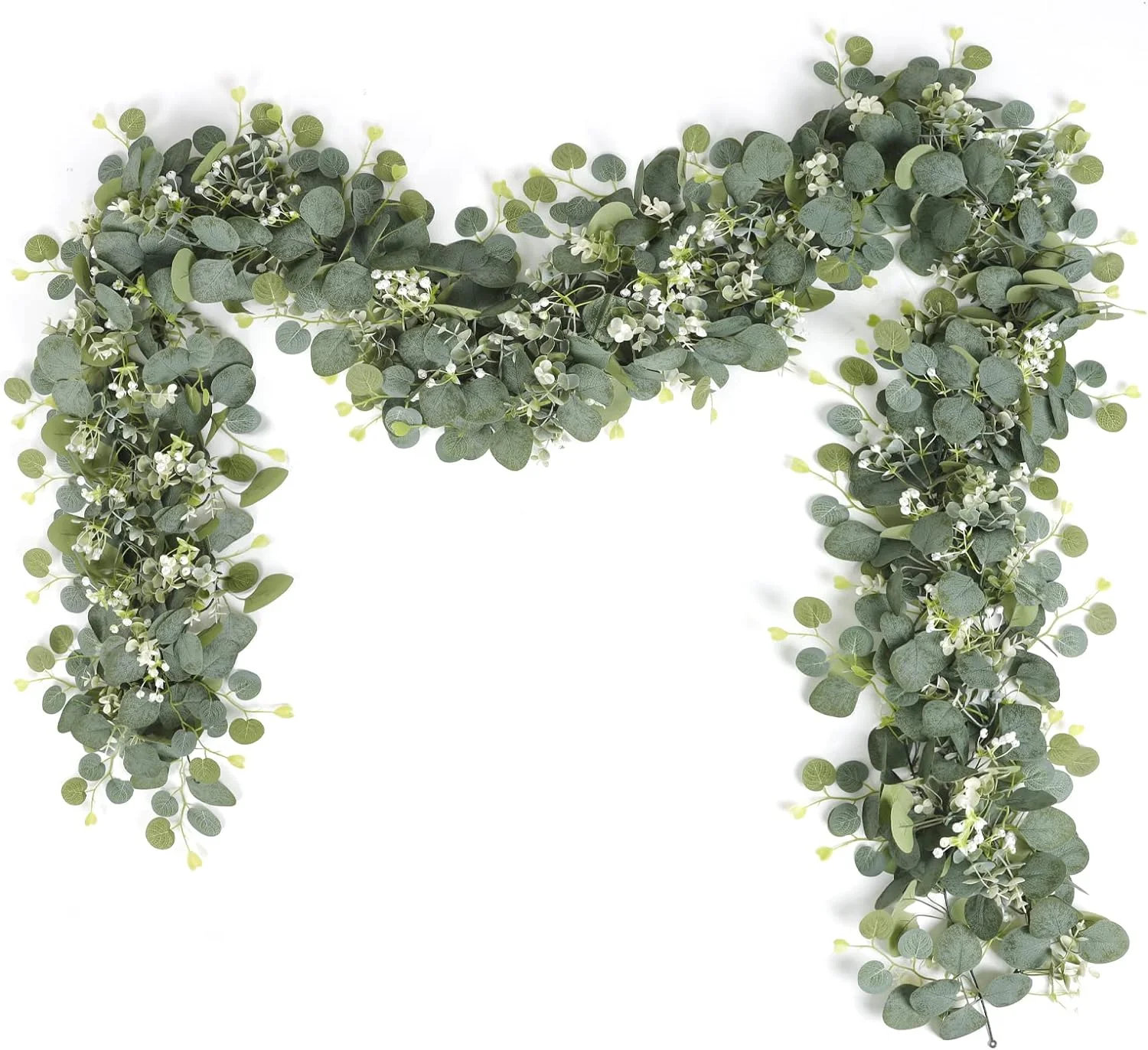 Nvzi Eucalyptus Garland with White Flowers 2 Packs 5.9Ft Silver Dollar Eucalyptus Leaves Gypsophila Garland Artificial Greenery Vines