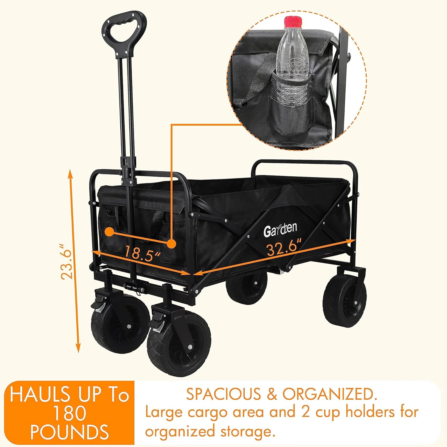 Gardzen Collapsible Wagon Cart, Garden Cart with All-Terrain Wheels, Hauls up to 180 lbs, Black