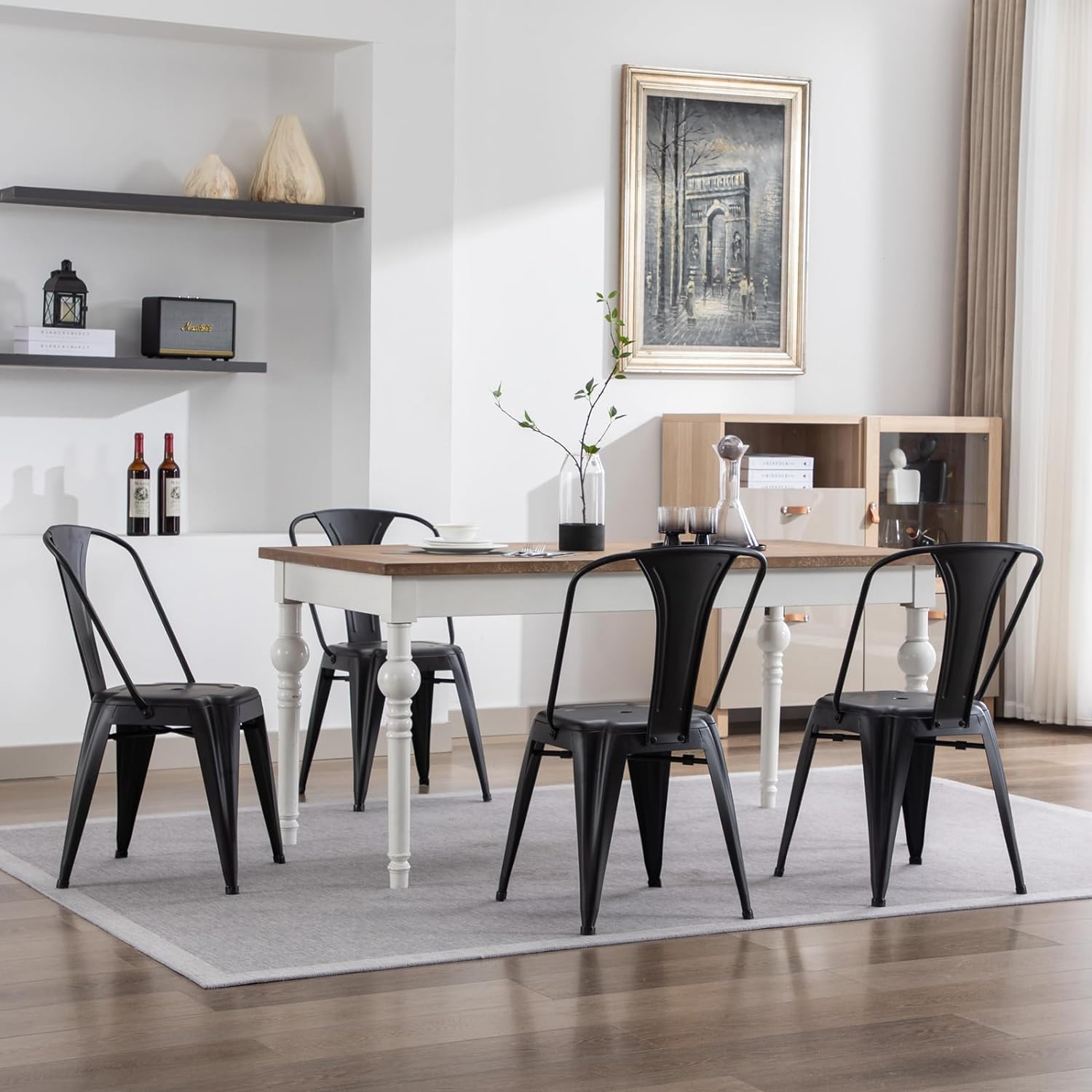 Metal Dining Chairs Set of 4 Stackable Industrial Chairs Metal Patio Chairs Kitchen Bistro Cafe Tolix Side Bar Chairs Indoor Outdoor, Black