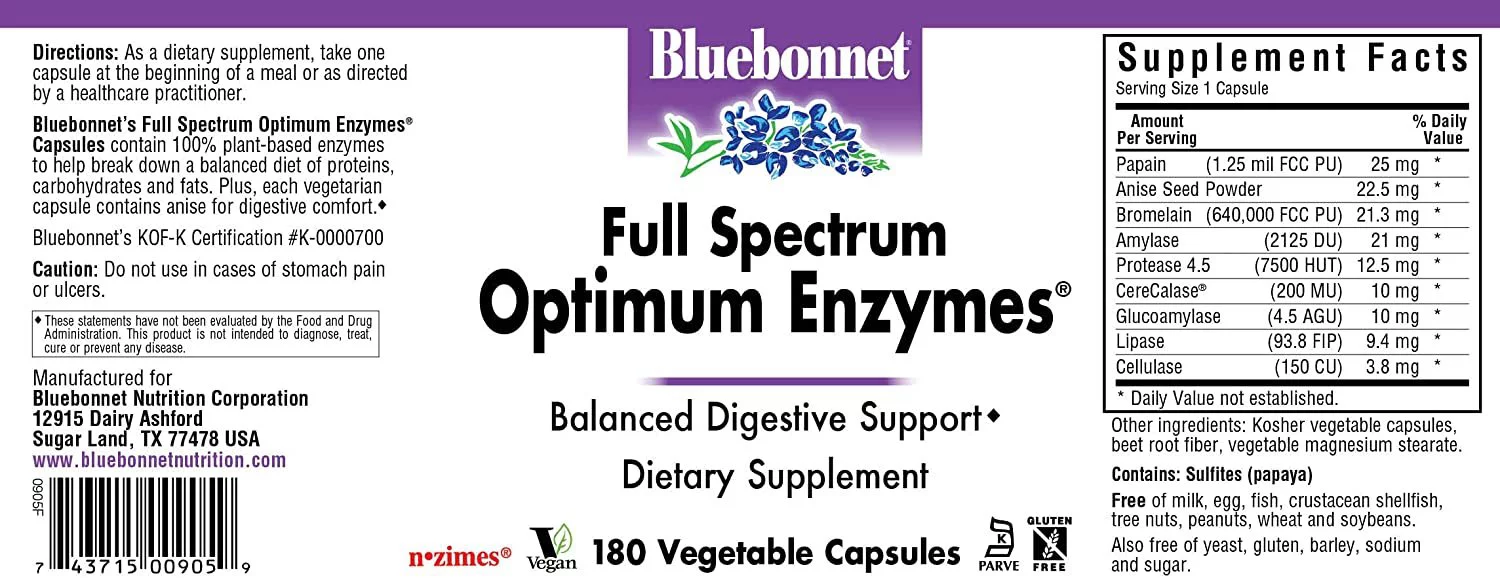 BlueBonnet Full Spectrum Optimum Enzymes Vegetarian Capsules, 180 Count