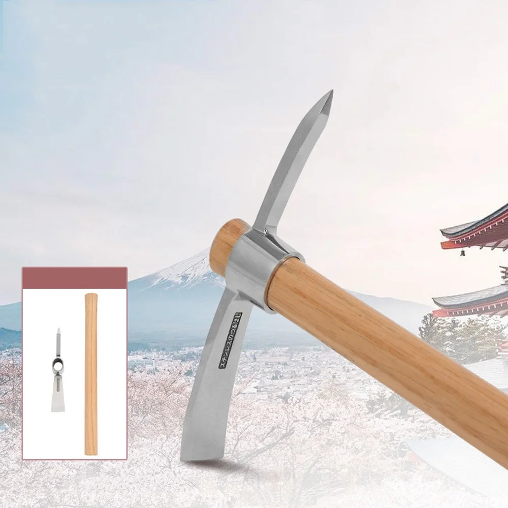 Andoer  Camping Multifunctional Pickaxe Hoe Heavy Duty Stainless Steel Pick Axe Hand Hoe with Wooden Handle