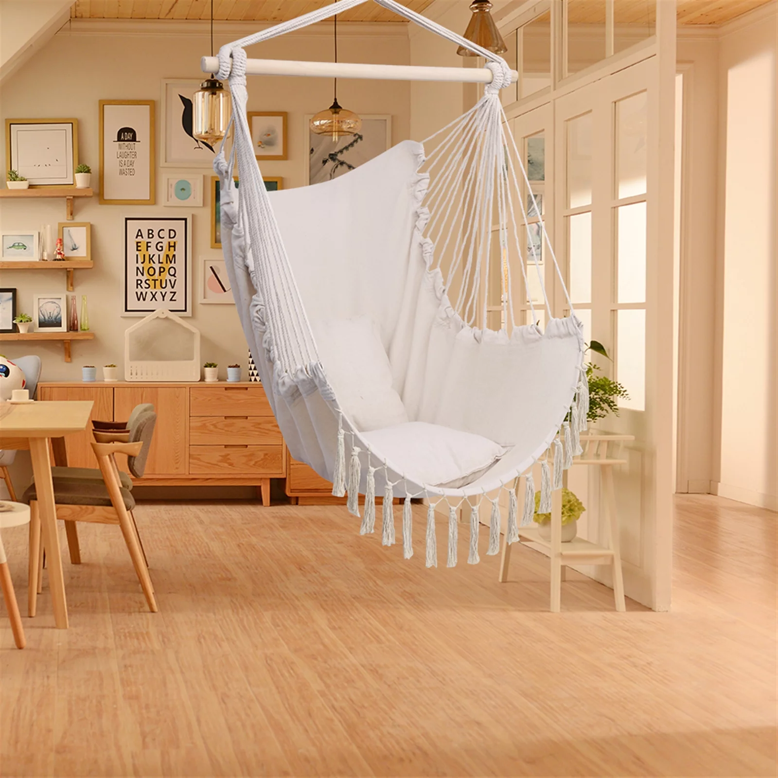 YeekTok Unique Cotton Canvas Sling Chair with Pillow Tassel Hanging Chair Beige