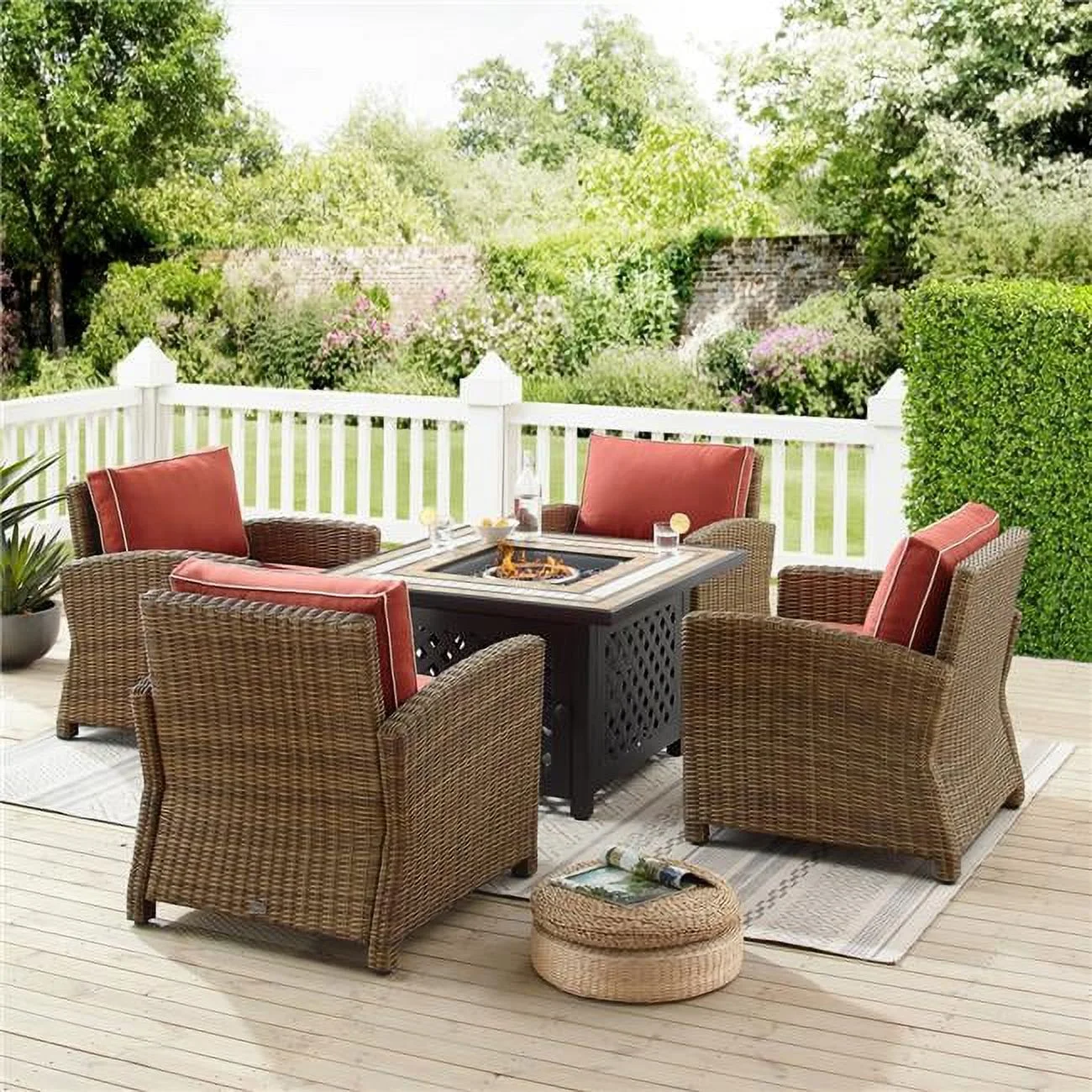 Bradenton Outdoor Wicker Conversation Set with Fire Table, Sangria - 5 Piece