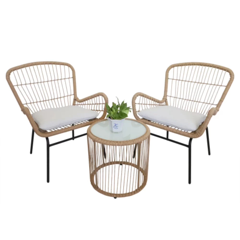 3 Piece Patio Set, Outdoor Wicker Chairs with Glass Top Table and Soft Cushion, Rattan Front Porch Furniture