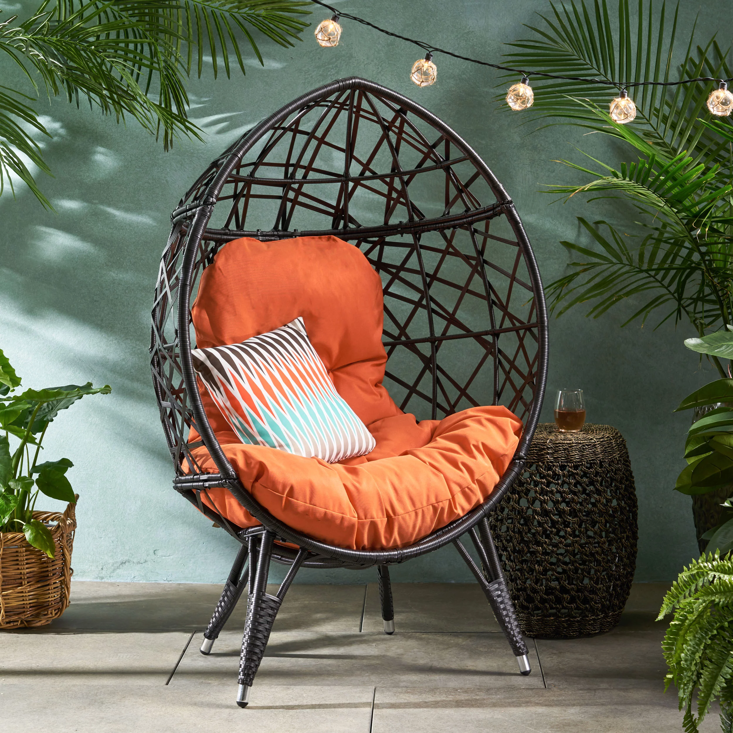 Bodee Outdoor Wicker Teardrop Chair with Cushion, Brown and Orange