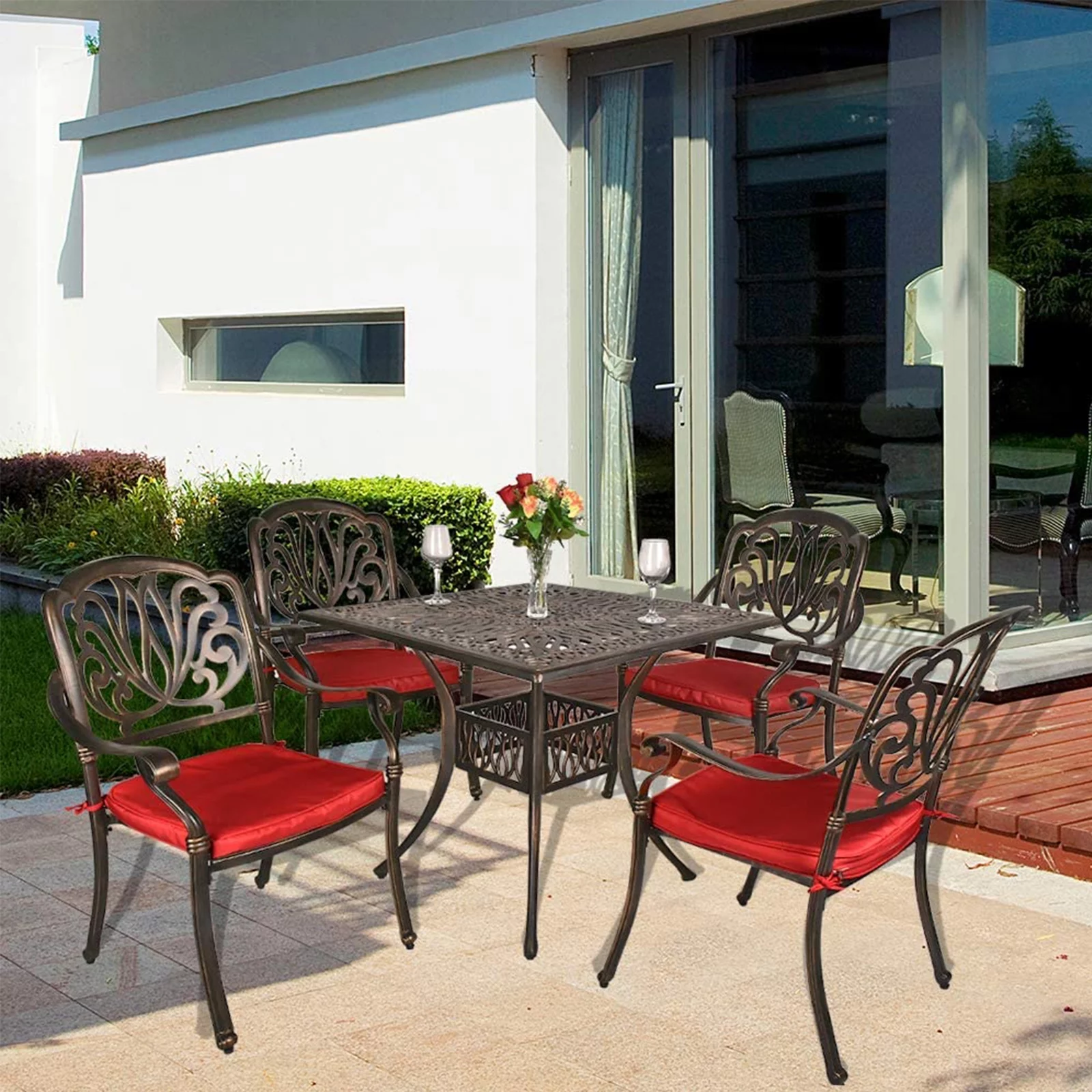 Haverchair 5 Piece Patio Dining Set, Outdoor All-Weather Cast Aluminum Dining Table Set with Red Cushions