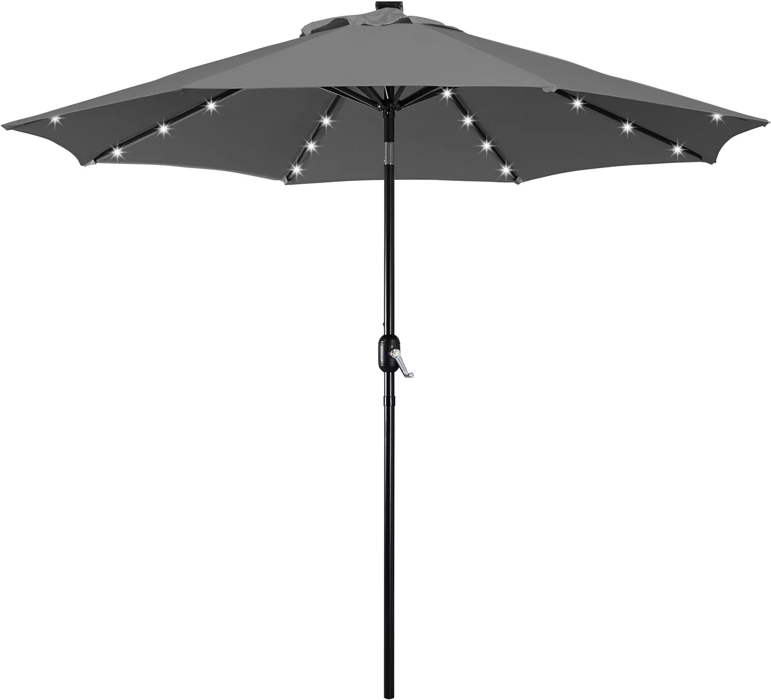 9FT Solar Powered Patio Umbrella - UV Protection Market Table Umbrella w/ 32 LED Lights & Push Button Tilt & Crank Lift System for Garden/Lawn/Deck/Backyard/Pool, Gray