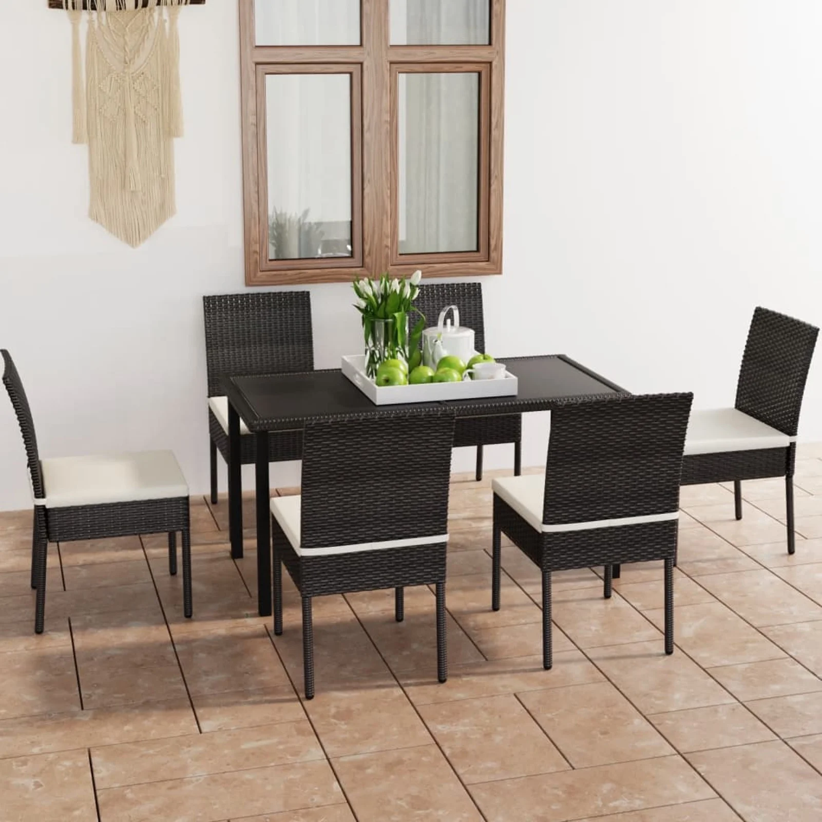 Walmeck 7 Piece Patio Dining Set Poly Rattan Black