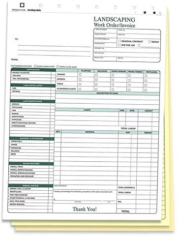 Landscaping Work Order Form/Invoice/Billing Sheets, 3 Part Carbonless 100 Sets Letter Size Forms