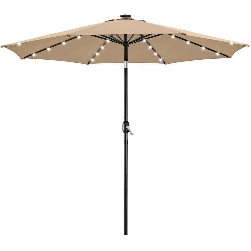10FT Solar Powered Patio Umbrella - UV Protection Market Table Umbrella w/ 32 LED Lights & Push Button Tilt & Crank Lift System for Garden/Lawn/Deck/Backyard/Pool,Tan