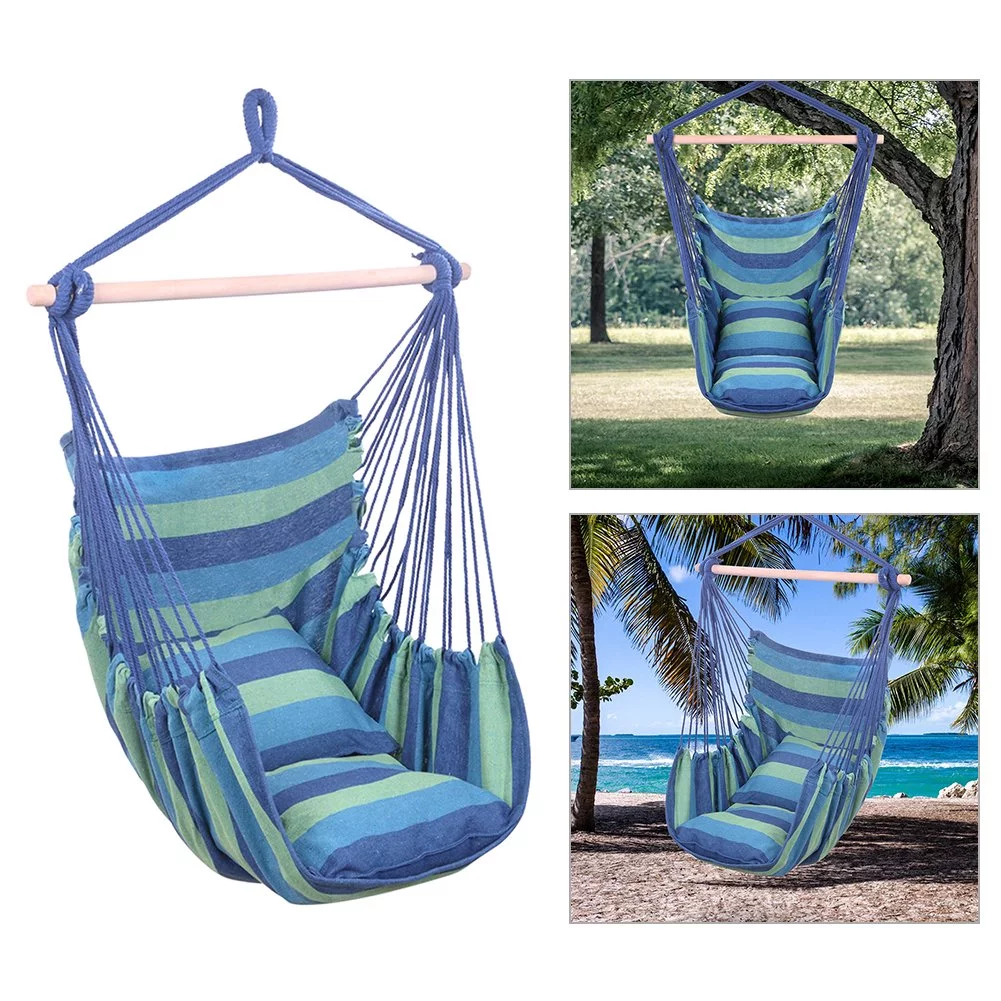 Hammock Chair Hanging Rope Swing, Max 250 Lbs,2 Seat Cushions Included，Superior Comfort,Durability,Perfect for Indoor, Outdoor, Home, Bedroom, Patio, Yard，Deck, Garden (Blue)