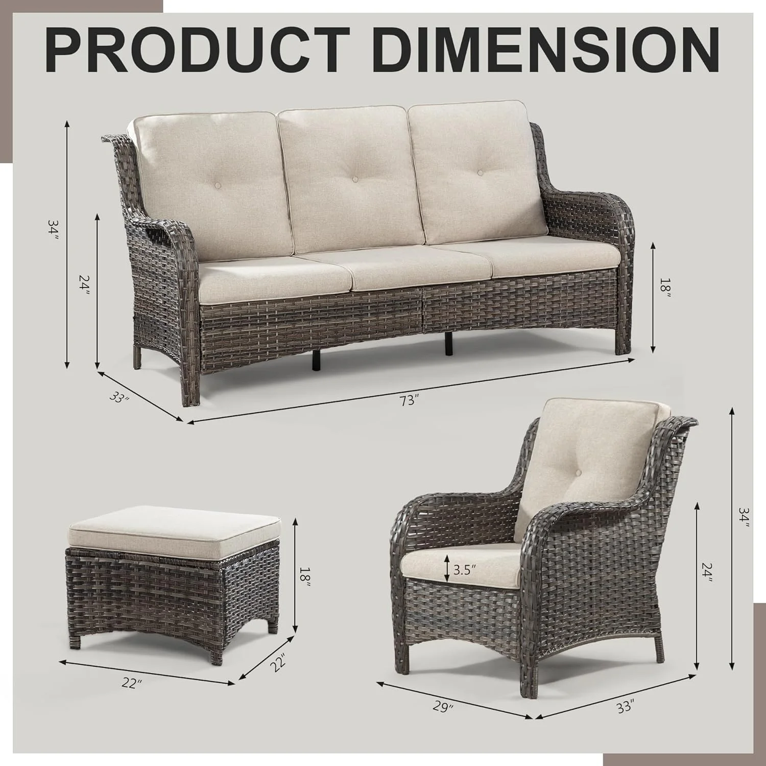 6 Pieces Patio Conversation Set, Two Wicker Chairs, Two 3-Seat Sofas and Two Ottomans with 3.5-inch Seat Cushions for Backyard, Balcony and Deck, Beige