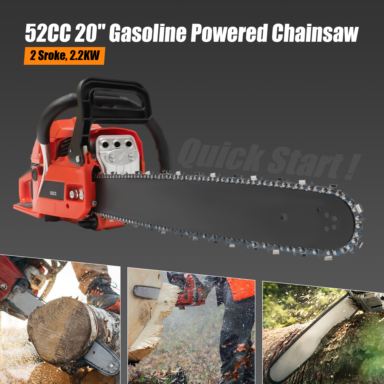 2-Stroke 2.2KW 52cc Gas Powered Chainsaw 20in Handed Petrol Gasoline Chain Saw 10500rpm, Single Cylinder, Air-Cooled