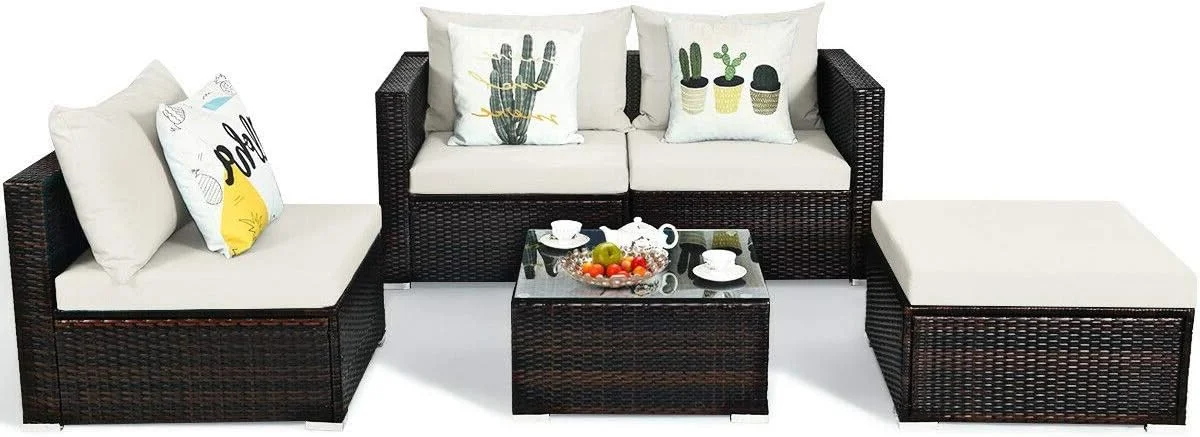 Dina 5-Piece Patio Conversation Set Rattan Wicker Sectional Sofa Set with Coffee Table  Outdoor Furniture Set with Cushions for Lawn Garden Porch