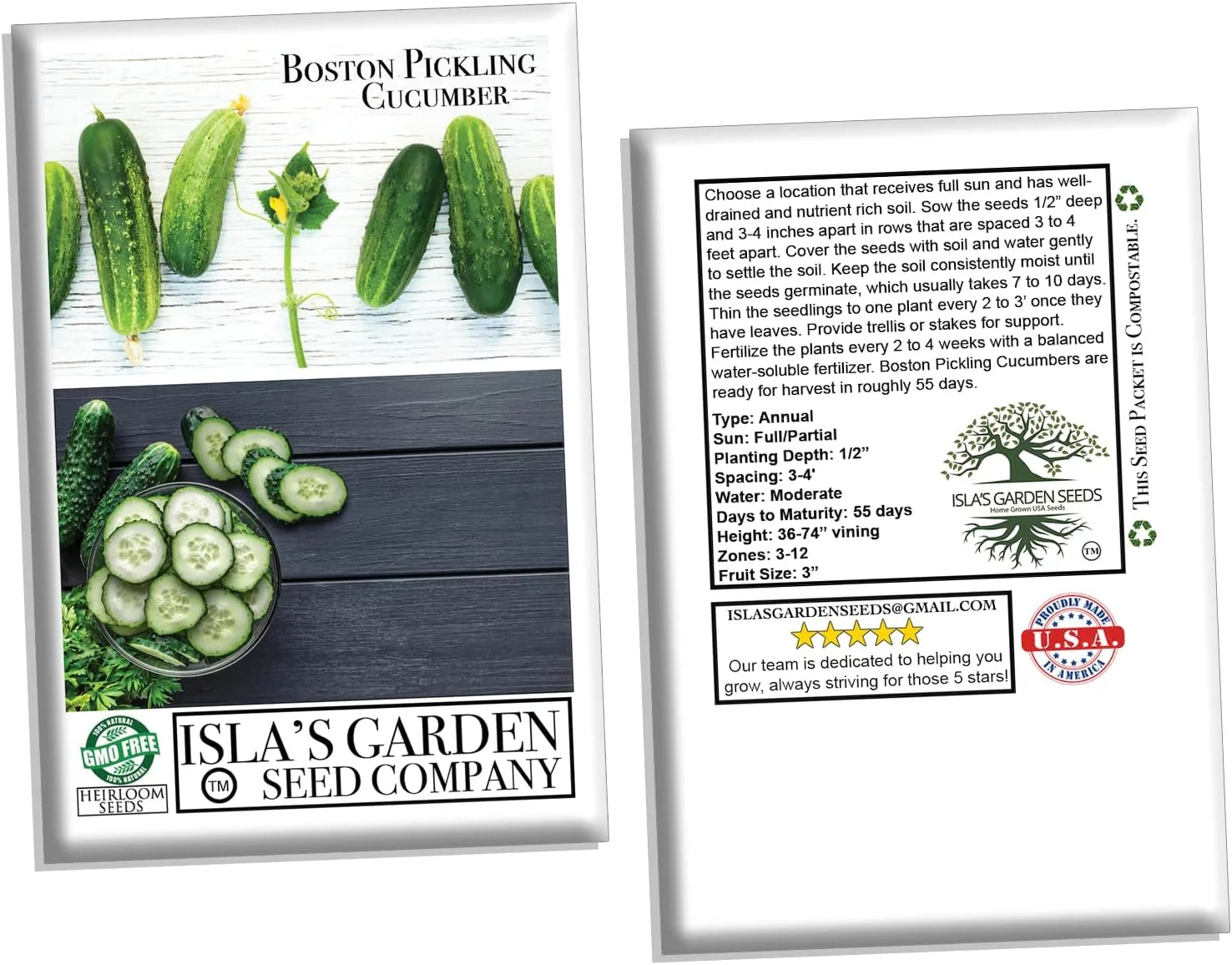 Boston Pickling Cucumber Seeds, 100 Heirloom Seeds Per Packet, Non GMO Seeds, Isla's Garden Seeds