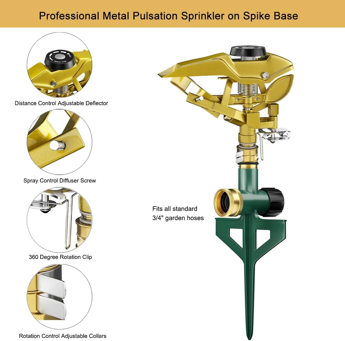 FANHAO Heavy Duty Pulsating Lawn Sprinkler on Spike Base,Covers up to 8500 Sq. ft