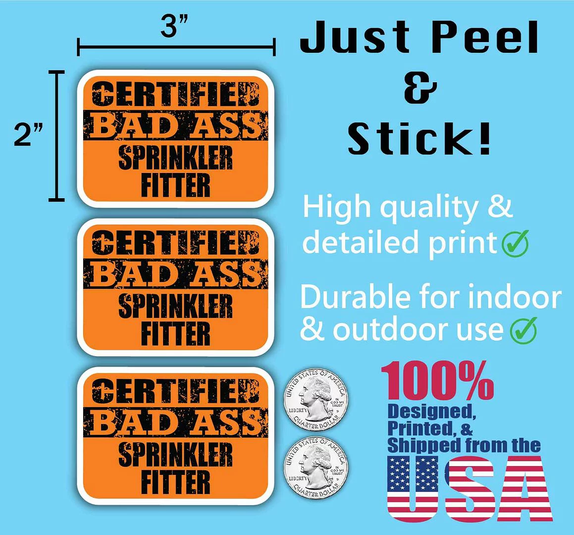 (x3) Certiefied Bad Ass Sprinkler Fitter Stickers | Cool Funny Occupation Job Career Gift Idea | 3M Sticker Vinyl Decal for Laptops, Hard Hats, Windows, Cars