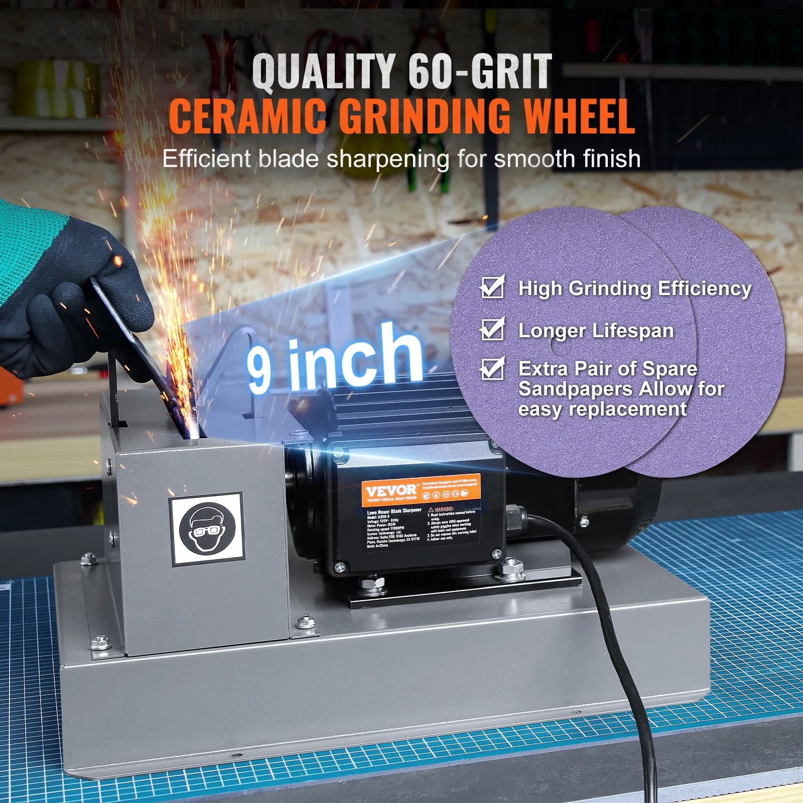 SKYSHALO Lawn Mower Blade Sharpener 1HP 750W with 9-inch Ceramic Grinding Wheel