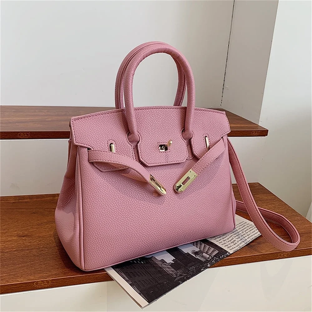 Leather Handbag for Women , Ladies Shoulder Bag Fashion Classic Lychee Pattern First Layer Cowhide Top Handle Satchel - Nude pink