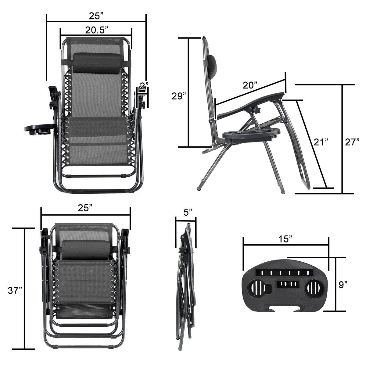 2PC Zero Gravity Chair Folding Outdoor Patio Beach Recliner Mesh Cup Holder Tray