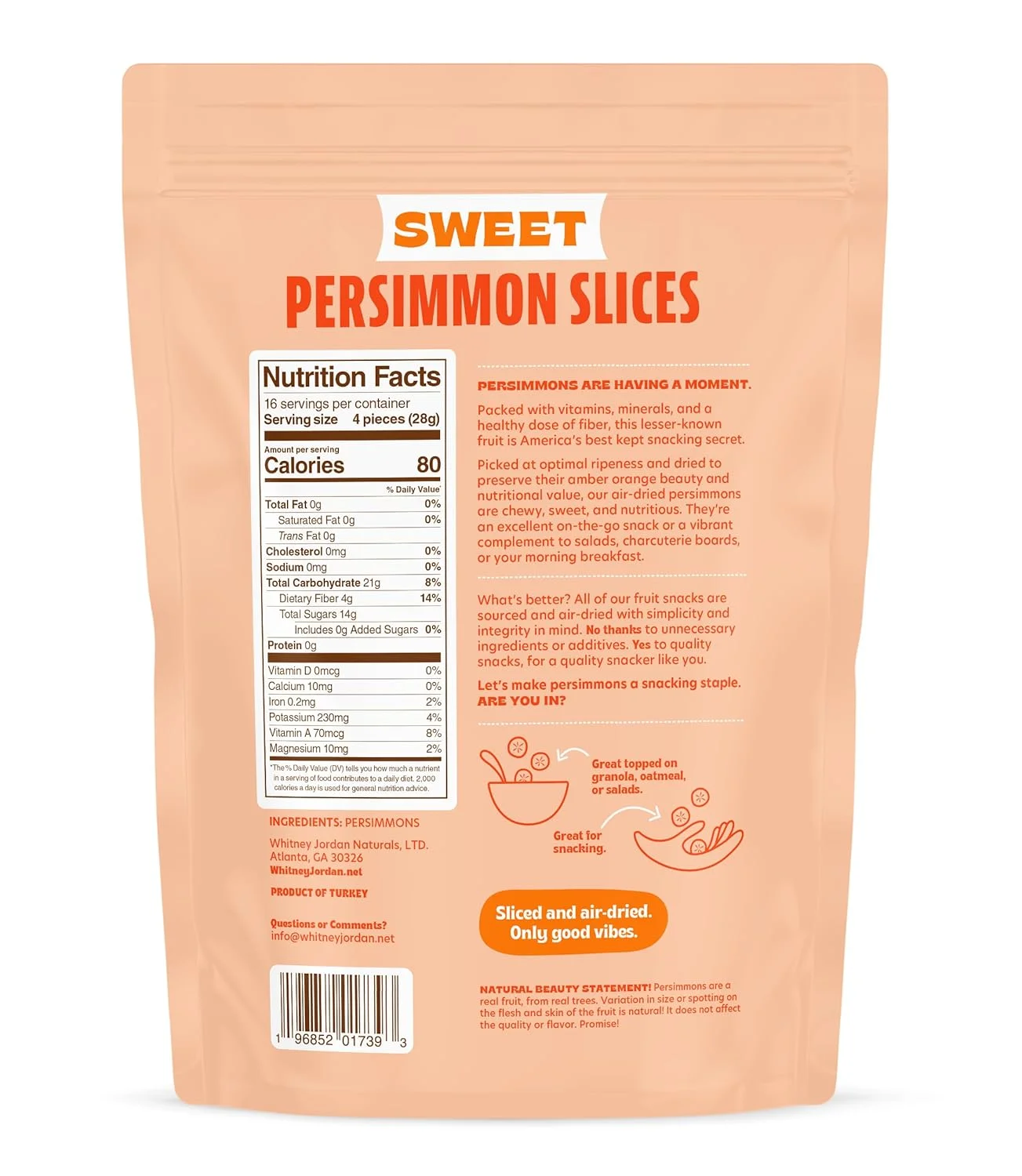 Whitney Jordan Naturals Sweet Air-Dried Persimmon Slices, 16 Ounce