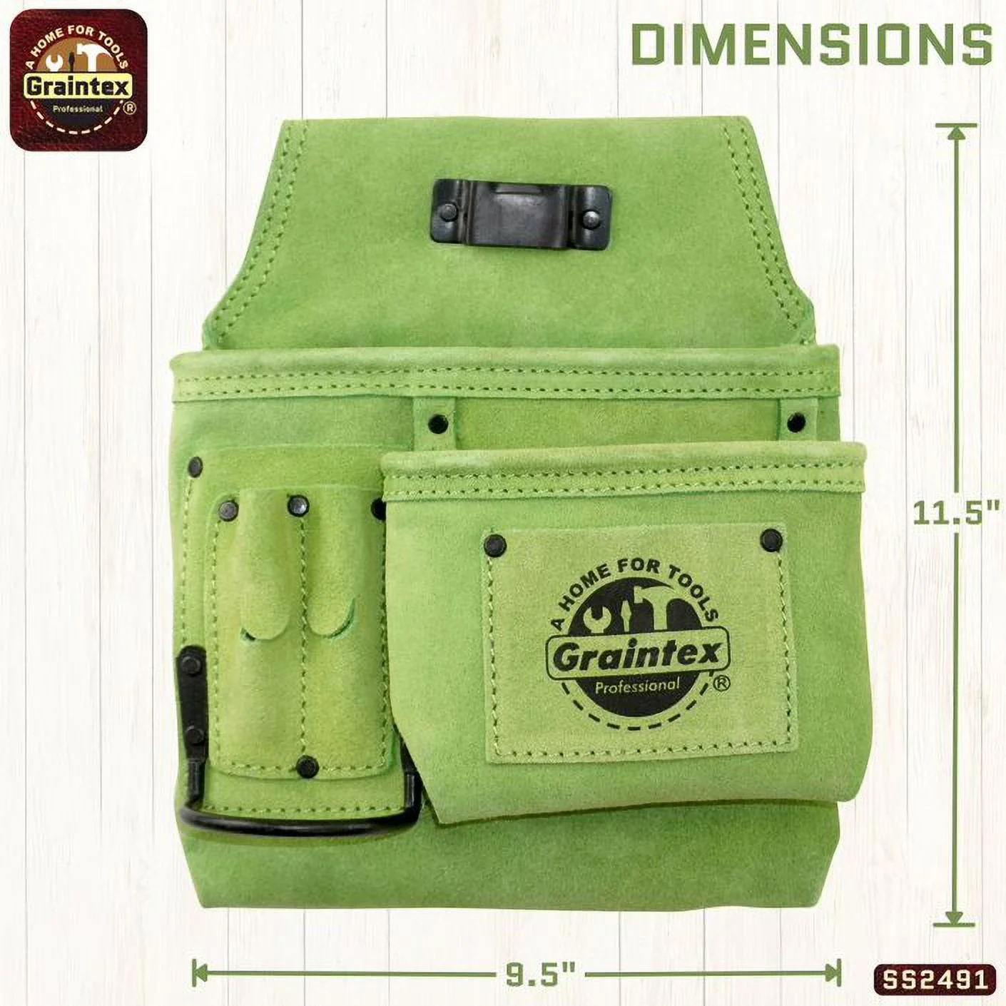 Graintex SS2491 :: 5 POCKET RIGHT HANDED NAIL & TOOL POUCH LIME GREEN COLOR SUEDE LEATHER