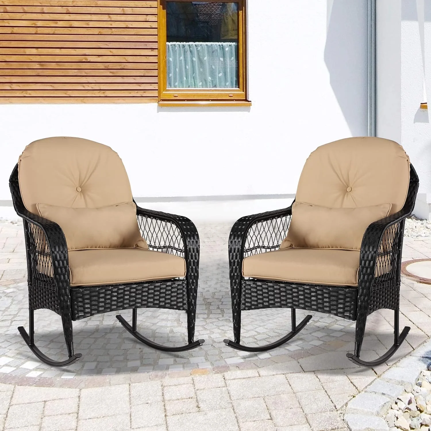 QYFZBIM 2pcs Outdoor Wicker Rocking Chair - Garden Patio Yard Porch Lawn Balcony Backyard  All- Weather Wicker Rocker Chair with Cushions (2Pcs Black Wicker-Khaki)