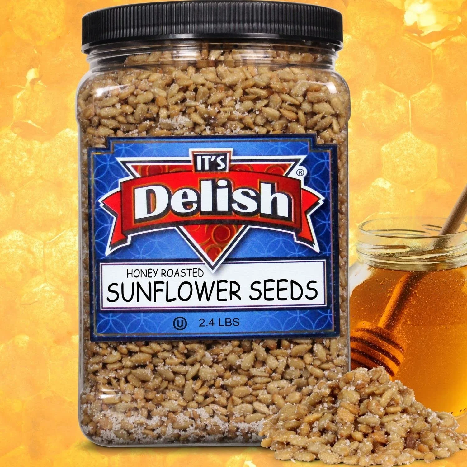 Honey Roasted Sunflower Seeds by It's Delish, 2.4 LBS Reusable Jumbo Container  Gourmet Sunflower Seeds Nuts in Honey Sugar Coating, Sweet & Heart Healthy Salted Nut, Kids Snack - Non-Dairy,...