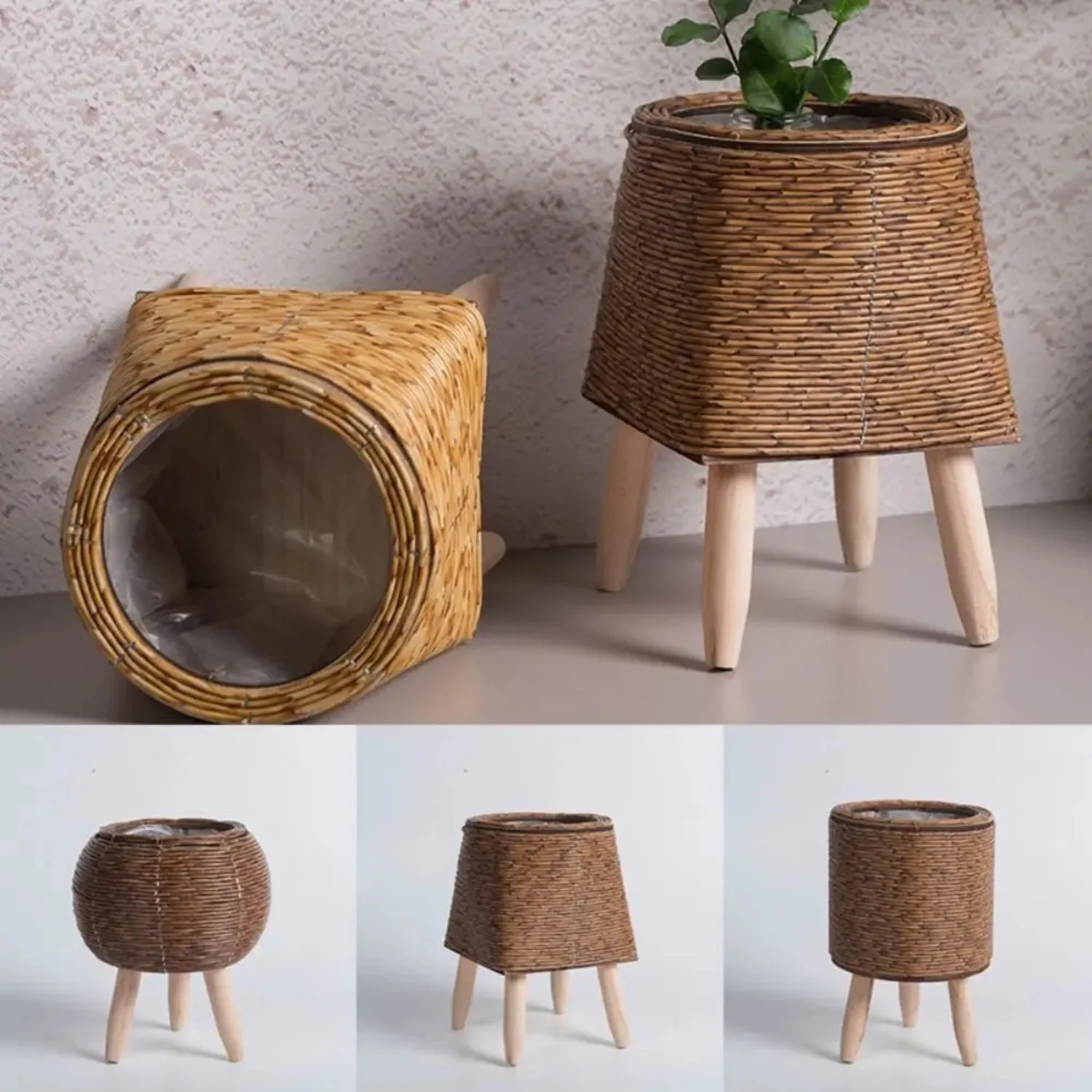 Retro Creative Woven Rattan Flower Pot with Removable Legs - Charming Tabletop Decoration Plant Stand for Flower Arrangements