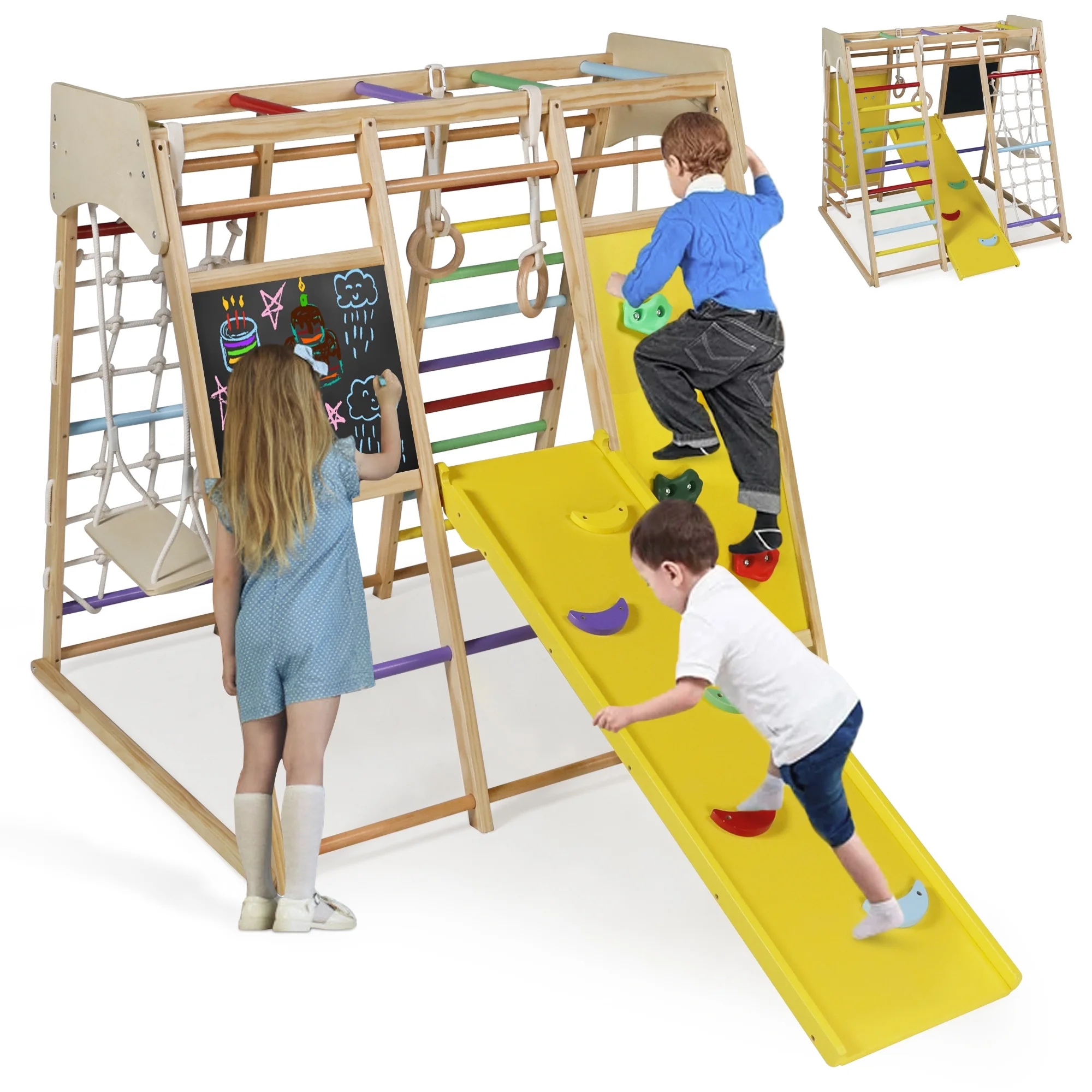 AILEEKISS Toddler Climbing Set, 10 in 1 Kids Climber Slide Playset with Ladder/Ramp/Monkey Bar/Drawing Board, Indoor Outdoor Wooden Jungle Gym, Rainbow