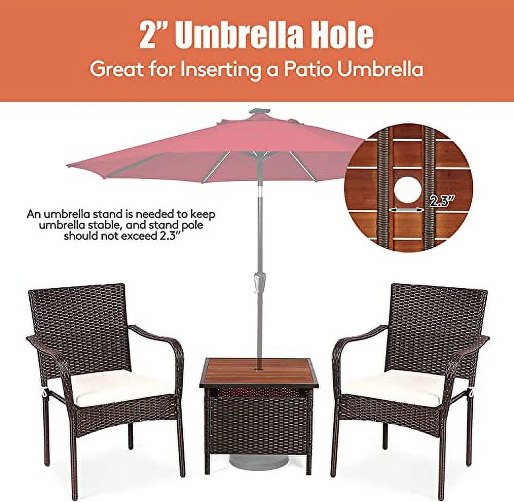 HAPPYGRILL 3-Piece Patio Bistro Set with Coffee Table & Umbrella Hole, Rattan Wicker Chairs Set with Umbrella Stand Table, Soft Cushions, Outdoor Furniture Set for Balcony Porch Poolside Garden