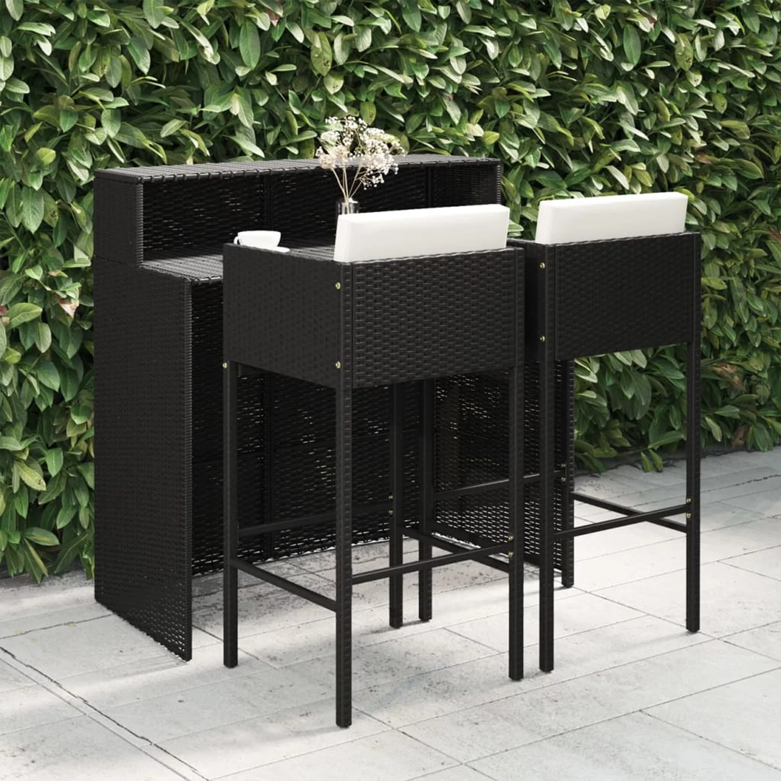 ametoys 3 Piece Patio Bar Set with Cushions Poly Rattan Black