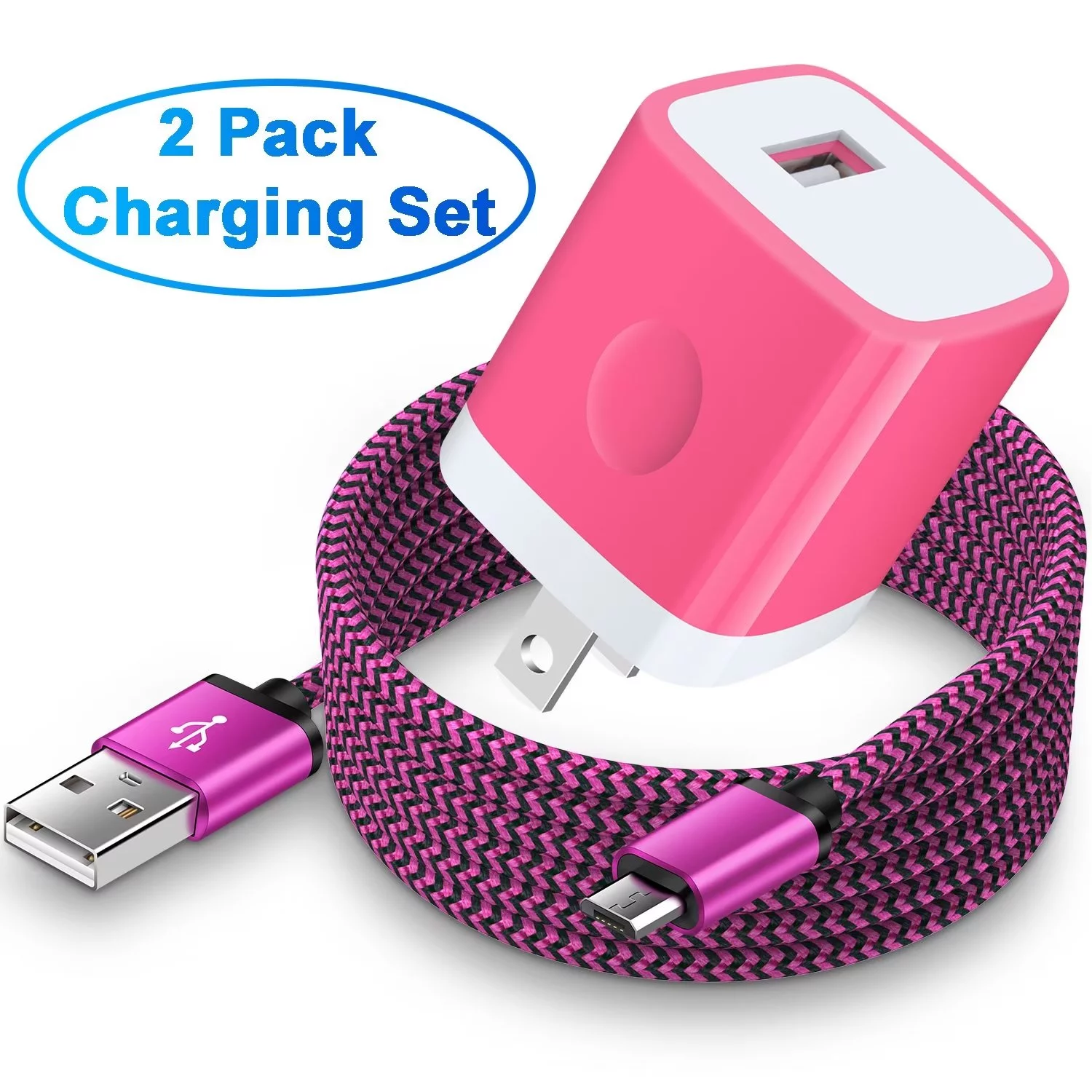 USB Charger Block,FiveBox 1pc 1A USB Wall Charger Block with 1pc USB A to Micro USB Cable 6ft Android Charger Cable USB Charging Cable USB Brick Phone Charger Box USB Plug Fast Charging Block,Rose