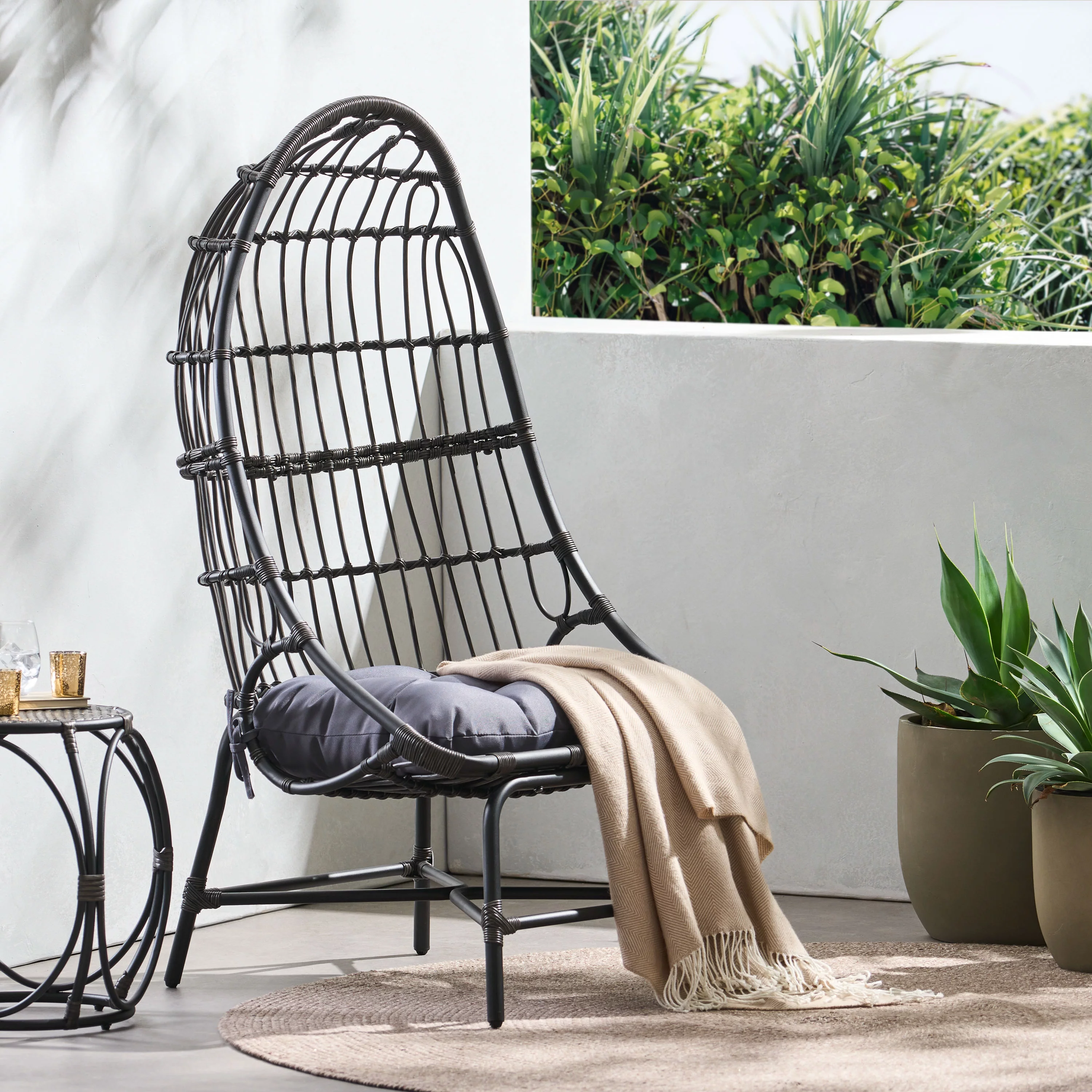 Shelton Wicker Outdoor Basket Chair with Cushion, Dark Gray and Gray
