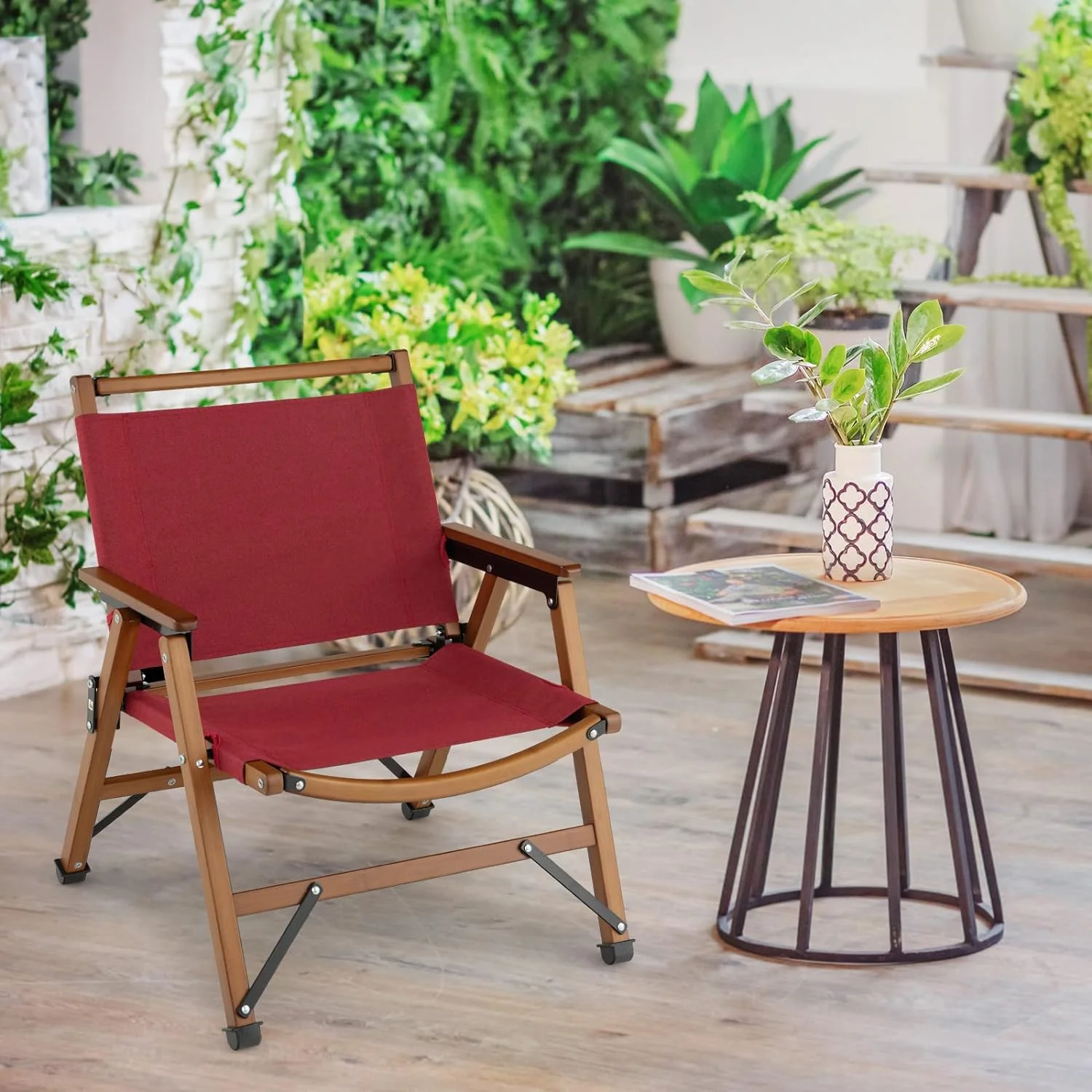 Folding Camping Chairs, Portable Low Back Beach Chairs with Solid Bamboo Frame & Breathable Fabric, Outdoor Armchairs for Picnic Concert Hiking Sports Hunting (Burgundy)