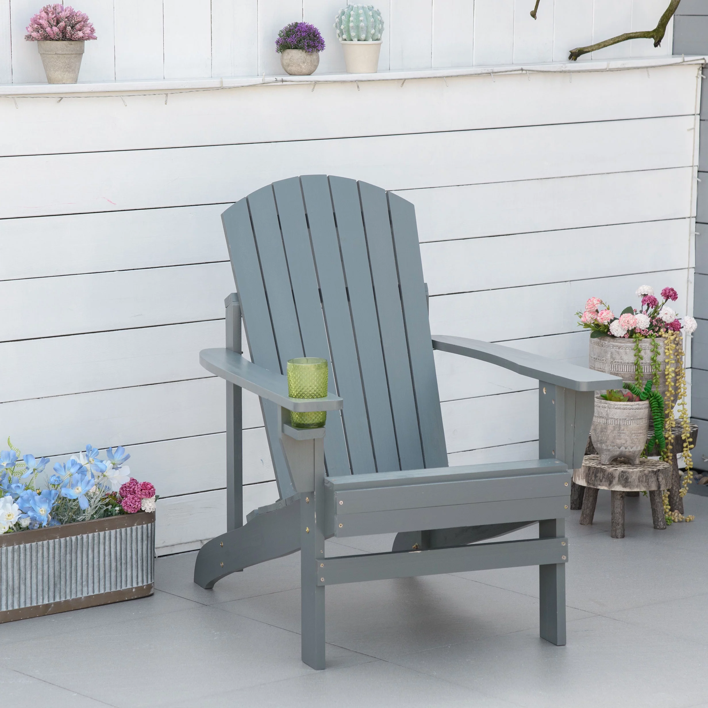 Outsunny Wood Adirondack Chair, Wooden Outdoor & Patio Seating, Dark Gray
