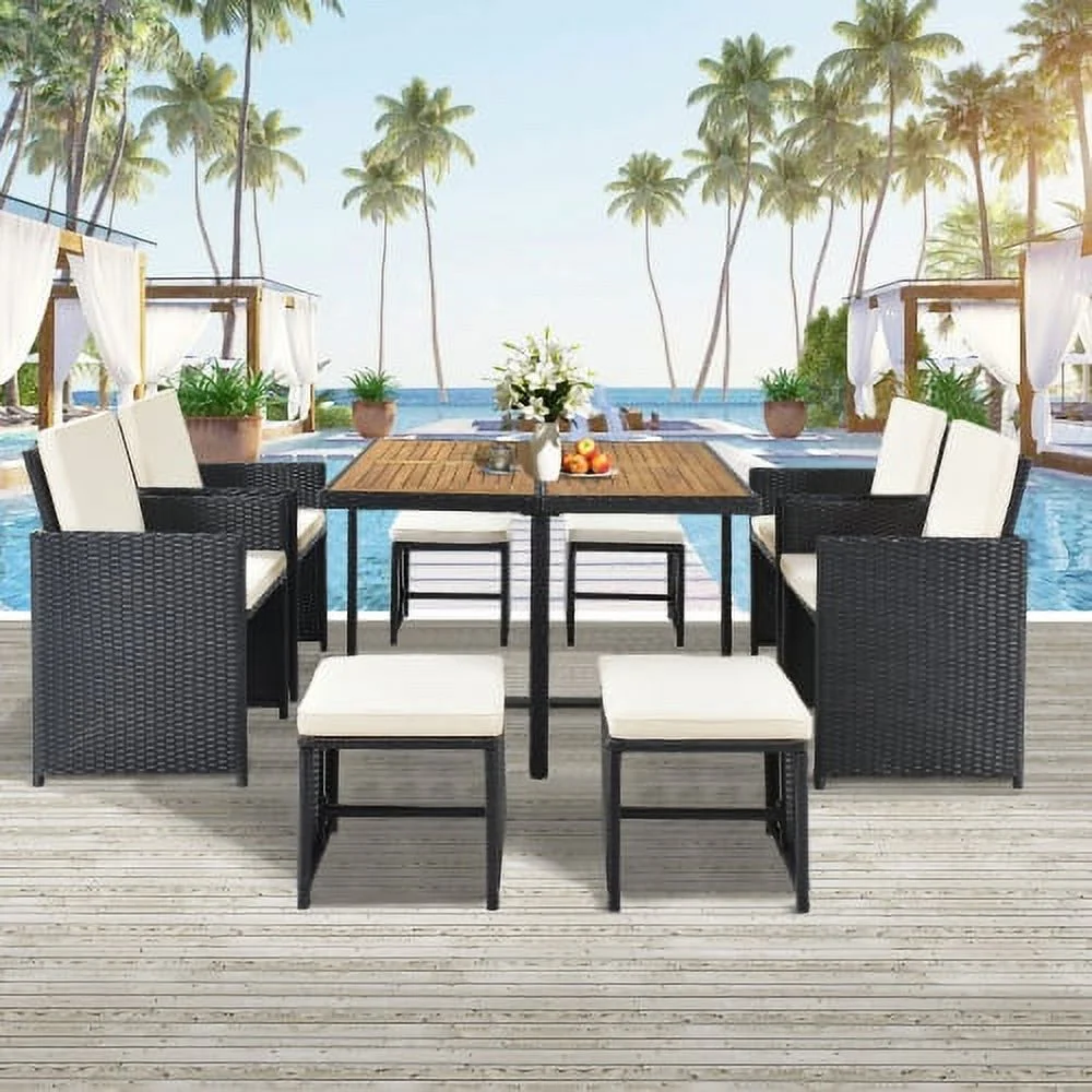 black patio dining set,Patio All-Weather PE Wicker Dining Table Set with Wood Tabletop for 8, Black Rattan+Beige Cushion (9-Piece)