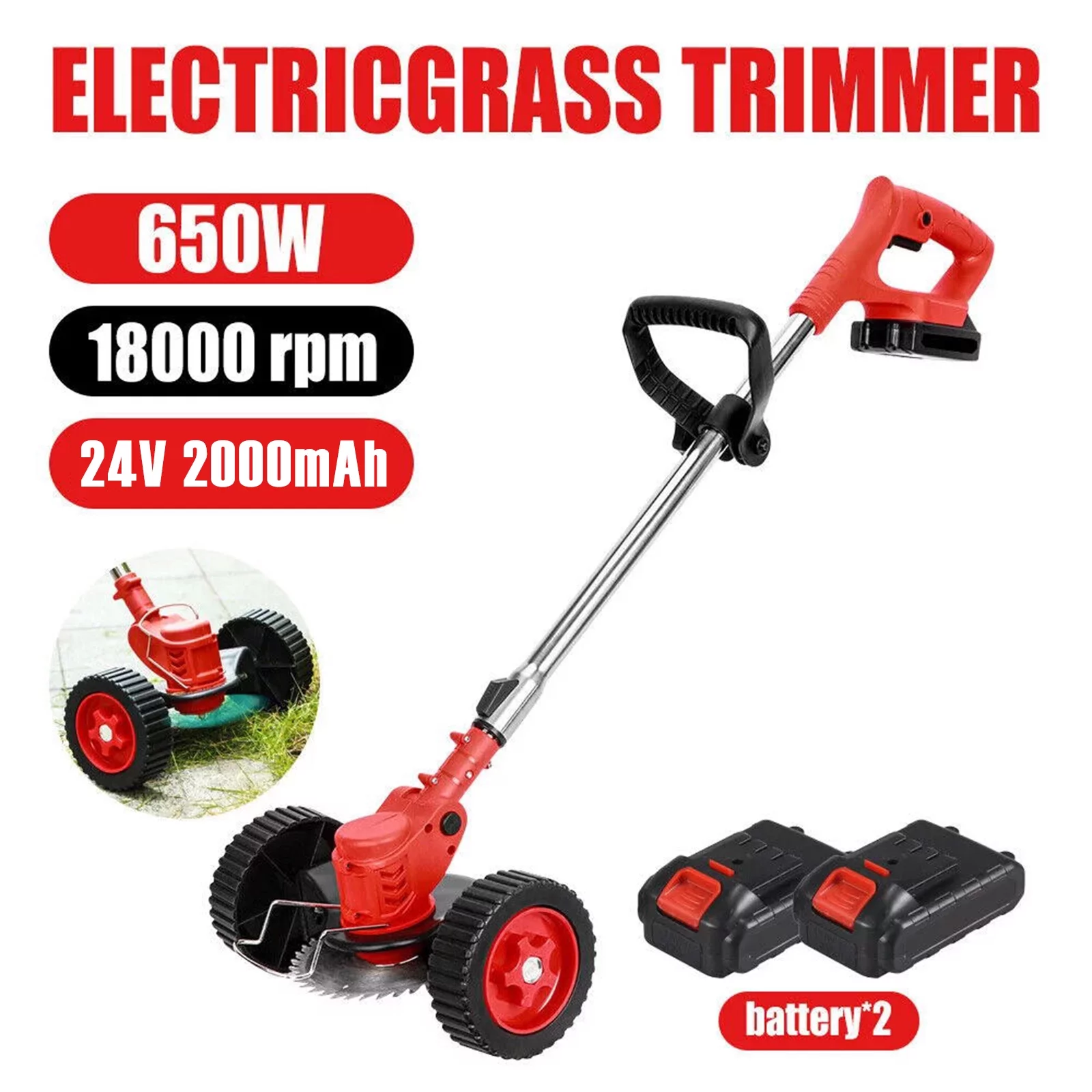 Grass Trimmer Electric Cordless W/Batteries, Battery Weed Wacker, Electric Weed Eater, 21V Cordless Lawn Trimmer Electric, Battery Grass Trimmer, Garden Trimming Tool Red