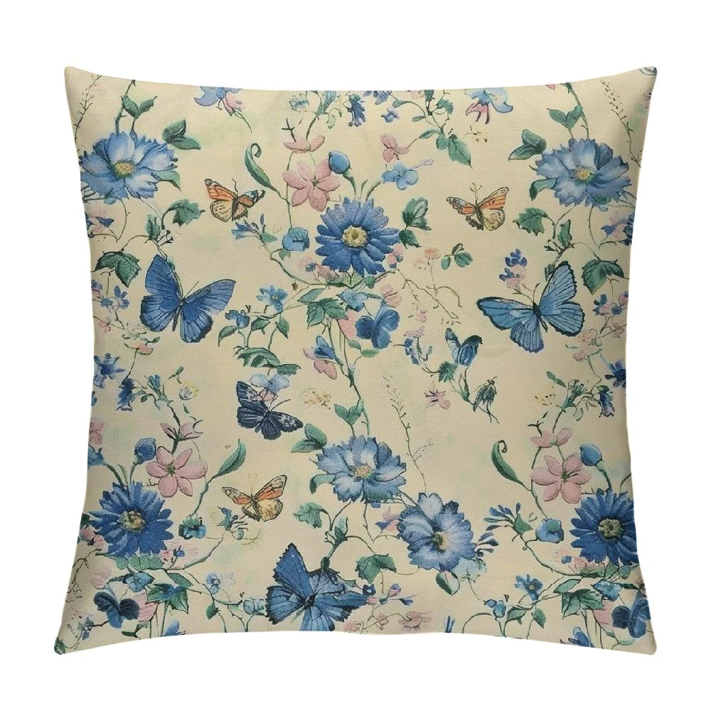 Akjvoe Vintage Flower Leaf Wild Plant Butterfly Outdoor Pillow,Decorative Waterproof Throw Pillow , Yellow Cotton Soft Cushion Pillows