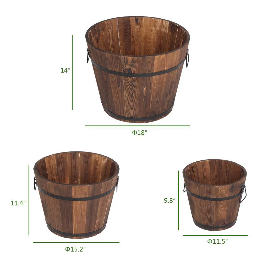 SamyoHome Wooden Bucket Barrel Planters, Rustic Patio Planters Flower Pots