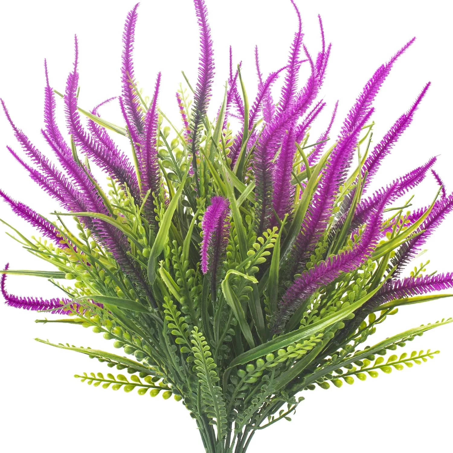 Namzi 12 Bundles Artificial Plants Outdoor Fake Grass with Flowers UV Resistant Greenery Garden Porch Window Box Decorating (Rose)