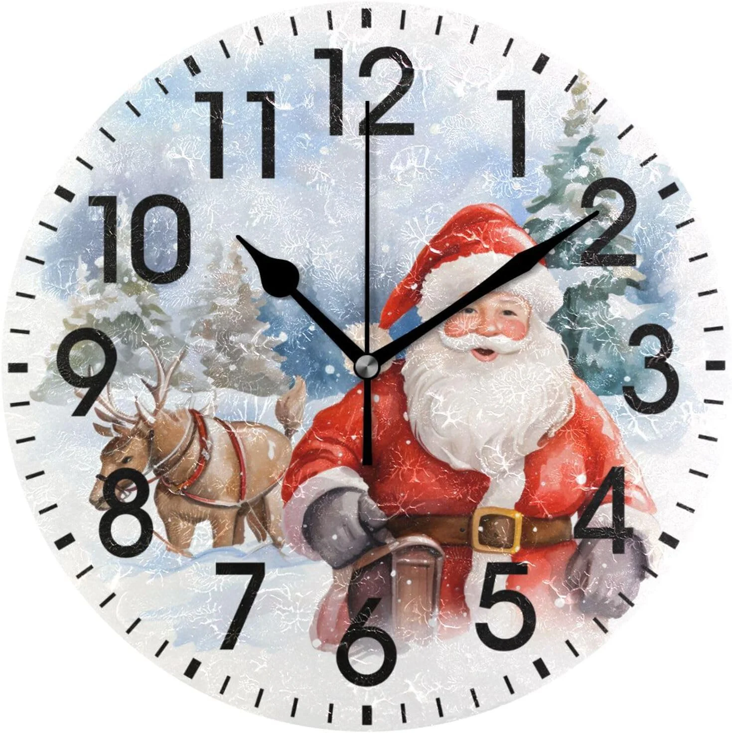 GZHJMY Home Decor Santa Claus Deer Christmas Xmas Watercolor Round PVC Acrylic 9.5 Inch Wall Clock Non Ticking Silent Clock Art for Living Room Kitchen Bedroom